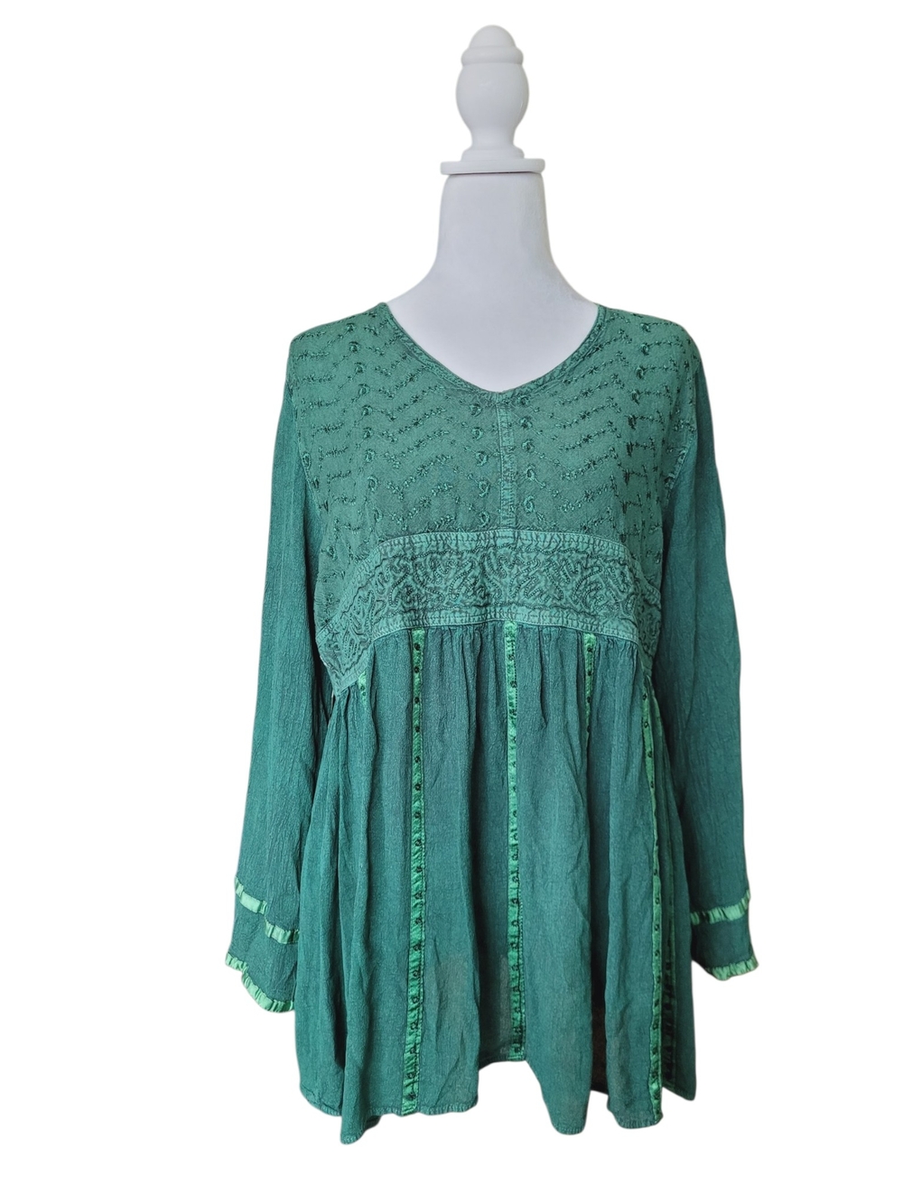 Vintage Embroidered Babydoll Tunic Boho Green One Size / Large